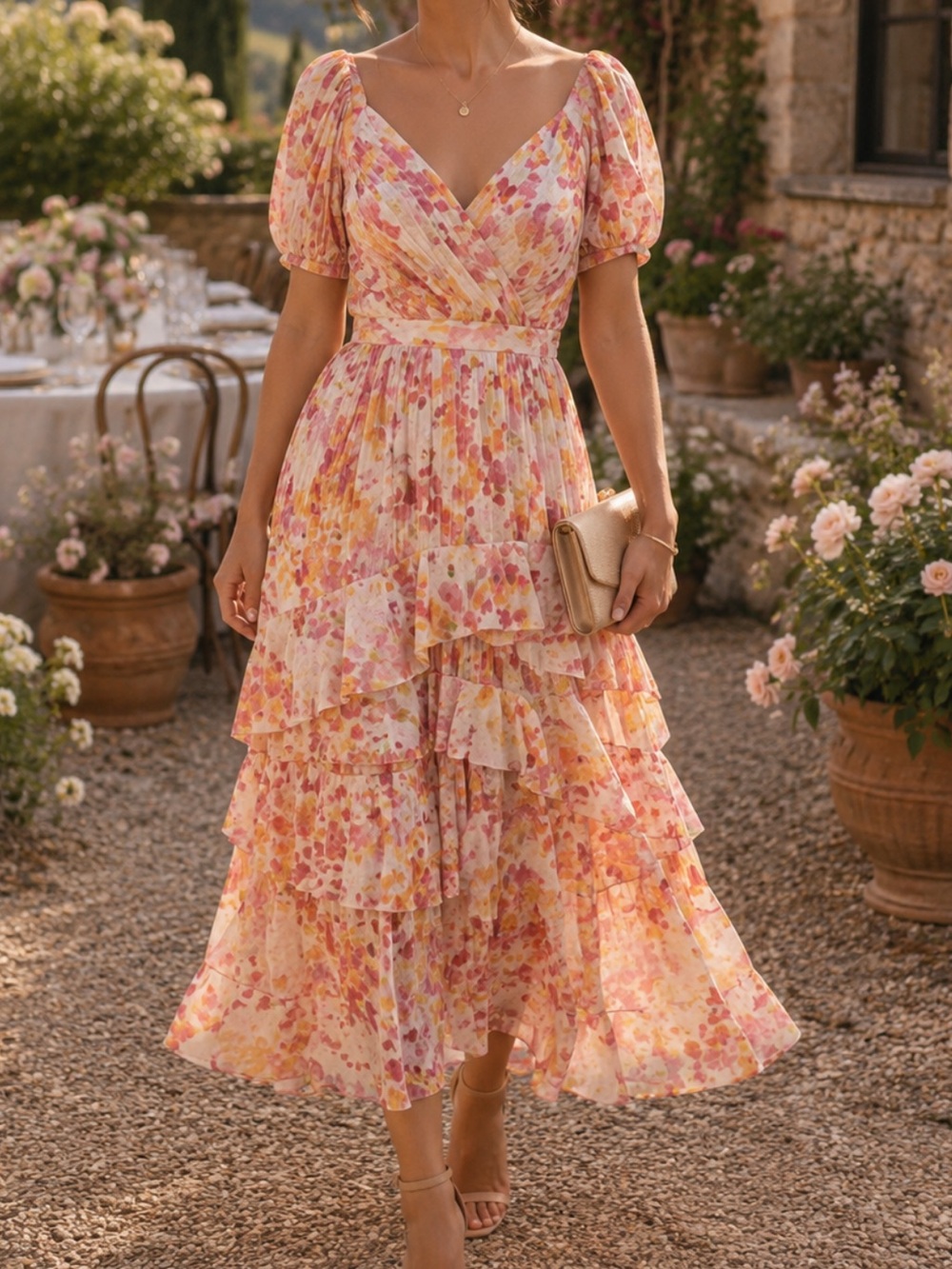 Monique Lhuillier Orange and Pink Wrap Tiered Midi Dress